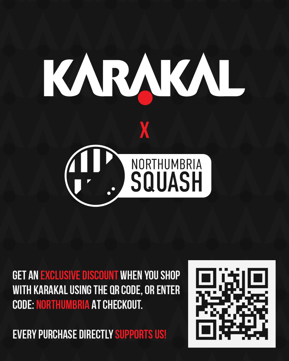 Northumbria Squash (@nbriasquash) on Twitter photo We're excited to announce that we've teamed up with <a href="/karakaluk/">Karakal.com</a> 🤝
We have an exclusive discount for you! Just use the link, QR code, or enter code NORTHUMBRIA at checkout.
Every purchase directly benefits Northumbria Squash!
🛒 Shop at: karakal.com/northumbria We're excited to announce that we've teamed up with <a href="/karakaluk/">Karakal.com</a> 🤝
We have an exclusive discount for you! Just use the link, QR code, or enter code NORTHUMBRIA at checkout.
Every purchase directly benefits Northumbria Squash!
🛒 Shop at: karakal.com/northumbria