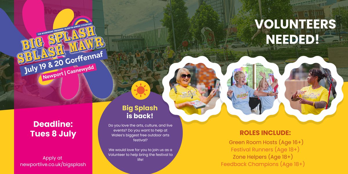 🎭 Volunteer at Big Splash 2025! 🎭

Love arts, culture, and community vibes? Join Wales’s biggest free outdoor arts festival this July in Newport! We’re looking for friendly faces to help make the magic happen - no event experience needed! ✨

👉  buff.ly/2t9tbx4