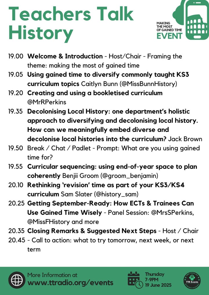 Missed it live? Catch up now!
The Teachers Talk History event from last night is now available to watch for FREE! 🕰️📚

From diversifying KS3 topics to rethinking revision and planning smarter with gained time, this packed session features expert voices including:
🔹 Caitlyn Bunn