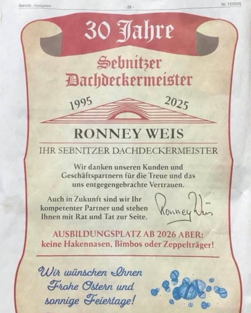 MichaelBur89260's tweet image. EIL: Ermittlungen gegen Sebnitzer Dachdecker eingestellt - Stellenanzeige war NICHT strafbar!