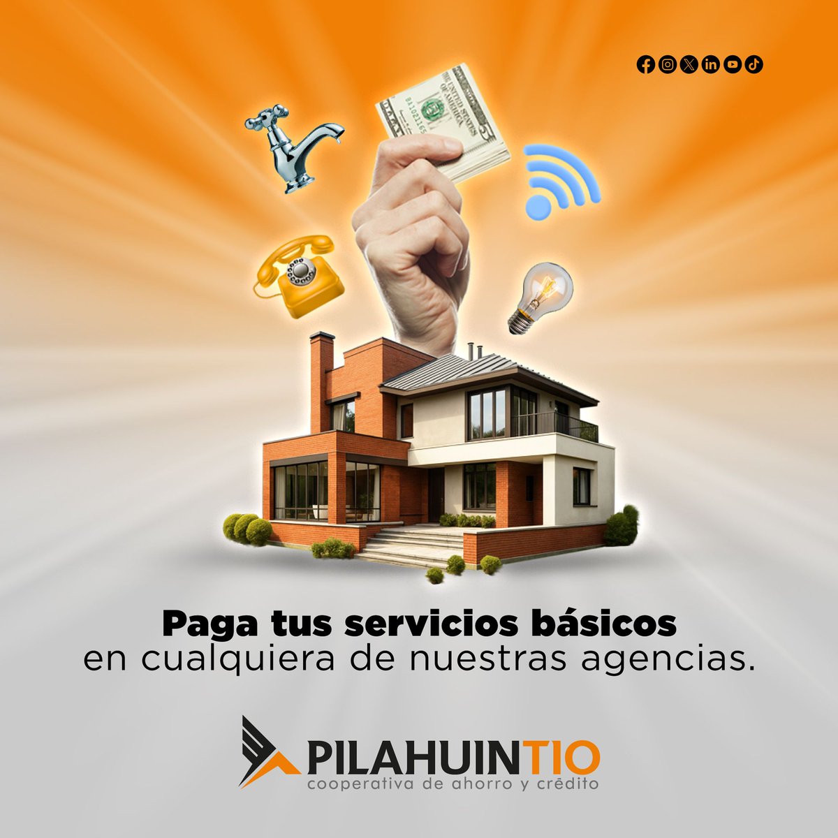 ⚫🟠 |  ¡Evita filas y ahorra tiempo! 📱
En Cooperativa #PilahuinTio puedes pagar tus servicios básicos 💧💡☎️📡 de forma ágil, rápida y segura:
✔️ Luz 
✔️ Agua
✔️ Teléfono
✔️ Internet
✔️ Recargas
✔️ Otros servicios
📍Acércate a cualquiera de nuestras agencias a nivel nacional.