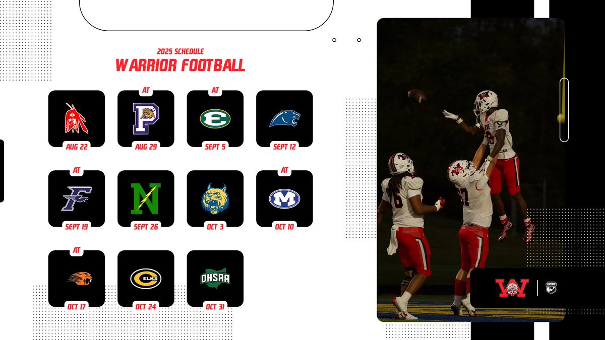 🏈 | 2025 Schedule

Warrior Football is right around the corner so take a look at their 2025 schedule!

Season 🎟️ renewals will go live on 7/9 at 9:00 am with new season 🎟️ purchases going live on 7/21 at 9:00 am.

Don't miss out on all of the action this year!

#WarriorPride