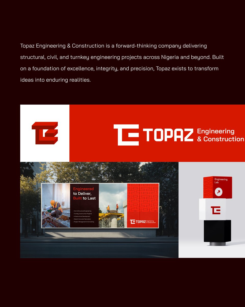 12Xcreative's tweet photo. We crafted a bold new identity for Topaz Engineering &amp; Construction - built to reflect strength, precision and progress.
From logo system to brand assets, every detail was engineered for impact.

#ConstructionBranding #EngineeringDesign #brandidentity #branding #branddesignagency https://t.co/NyCDGPROEj