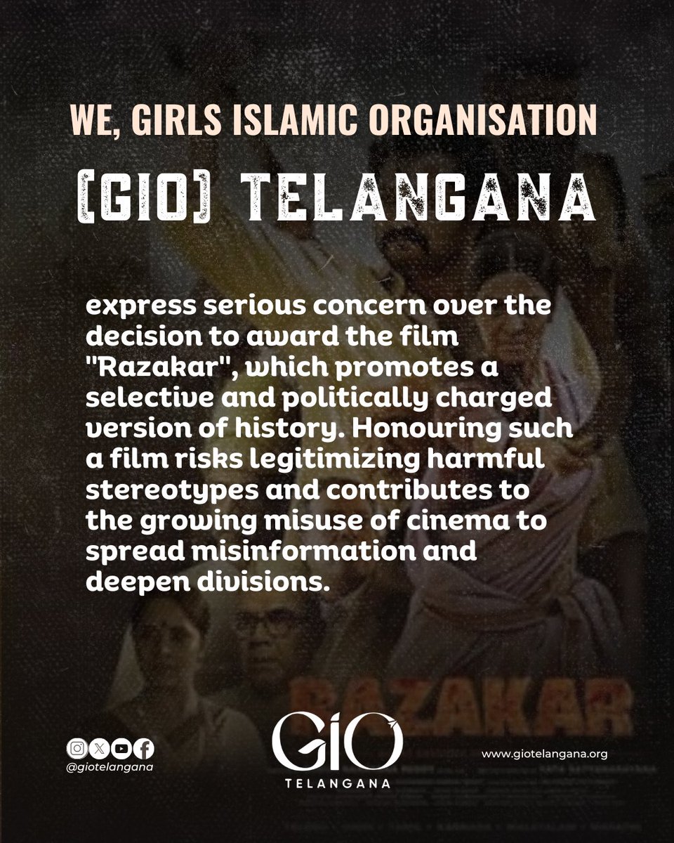 GIOTelangana's tweet photo. Standing against misrepresentation: GIO Telangana voices concerns over 'Razakar' film award

#StandAgainstMisrepresentation
#RespectHistory
#GirlsIslamicOrganisation https://t.co/5eLwjfOMnq