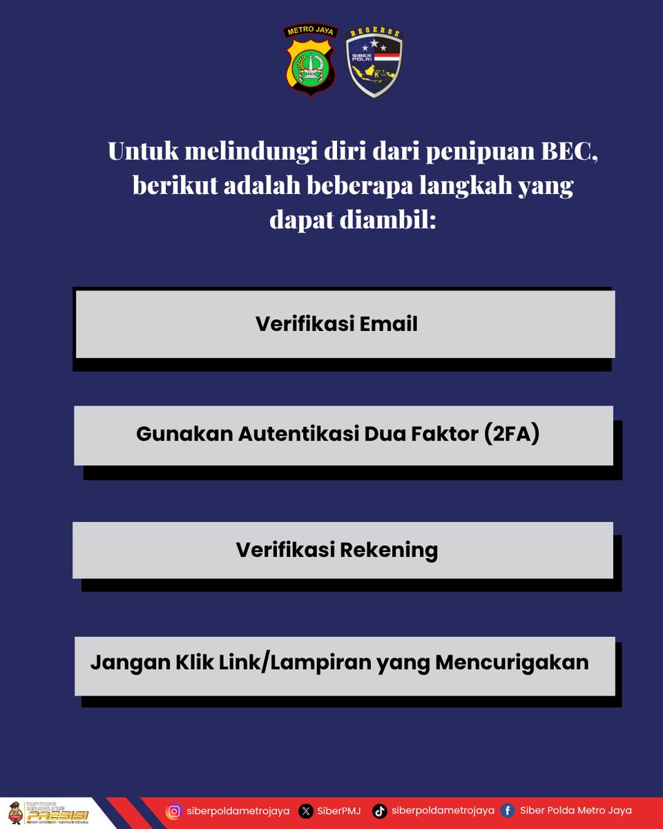 PENIPUAN CANGGIH YANG SERING TAK DISADARI!
Ditreskrimsus Polda Metro Jaya berhasil mengungkap kasus Business Email Compromise (BEC) — jenis kejahatan siber yang menyasar sistem email perusahaan dan mengakibatkan kerugian hingga miliaran rupiah!