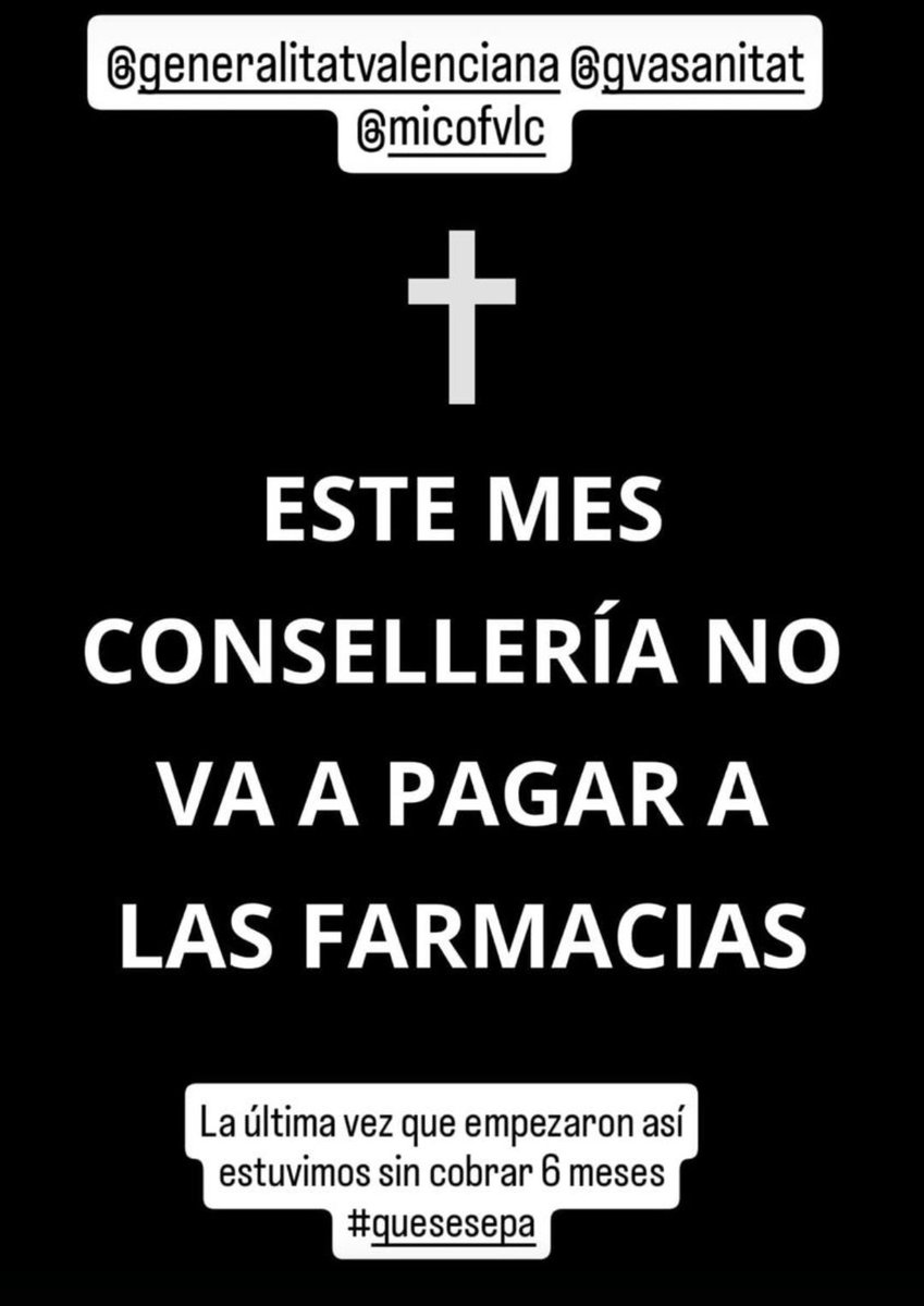 @grupofarmaceuticoscomunitariosunidos (@gfarmaunidos) on Twitter photo Acabamos de tener noticias de que la <a href="/c_valenciana/">Comunitat Valenciana</a> no va a pagar la factura de mayo, y lo retrasa 60 dias. Eso puede tener consecuencias muy graves en el acceso a los medicamentos y la adherencia. Muchas farmacias no van a poder mantener sus stocks <a href="/elmundoes/">EL MUNDO</a> <a href="/informativost5/">Informativos Telecinco</a> Acabamos de tener noticias de que la <a href="/c_valenciana/">Comunitat Valenciana</a> no va a pagar la factura de mayo, y lo retrasa 60 dias. Eso puede tener consecuencias muy graves en el acceso a los medicamentos y la adherencia. Muchas farmacias no van a poder mantener sus stocks <a href="/elmundoes/">EL MUNDO</a> <a href="/informativost5/">Informativos Telecinco</a>