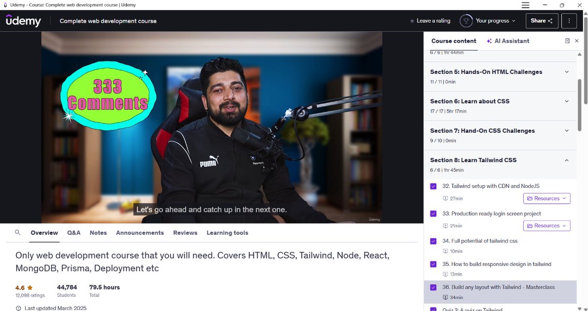 Aditya989746994's tweet image. Today, I completed the Tailwind CSS section of the @Hiteshdotcom Udemy Web Development course.
#ChaiCode