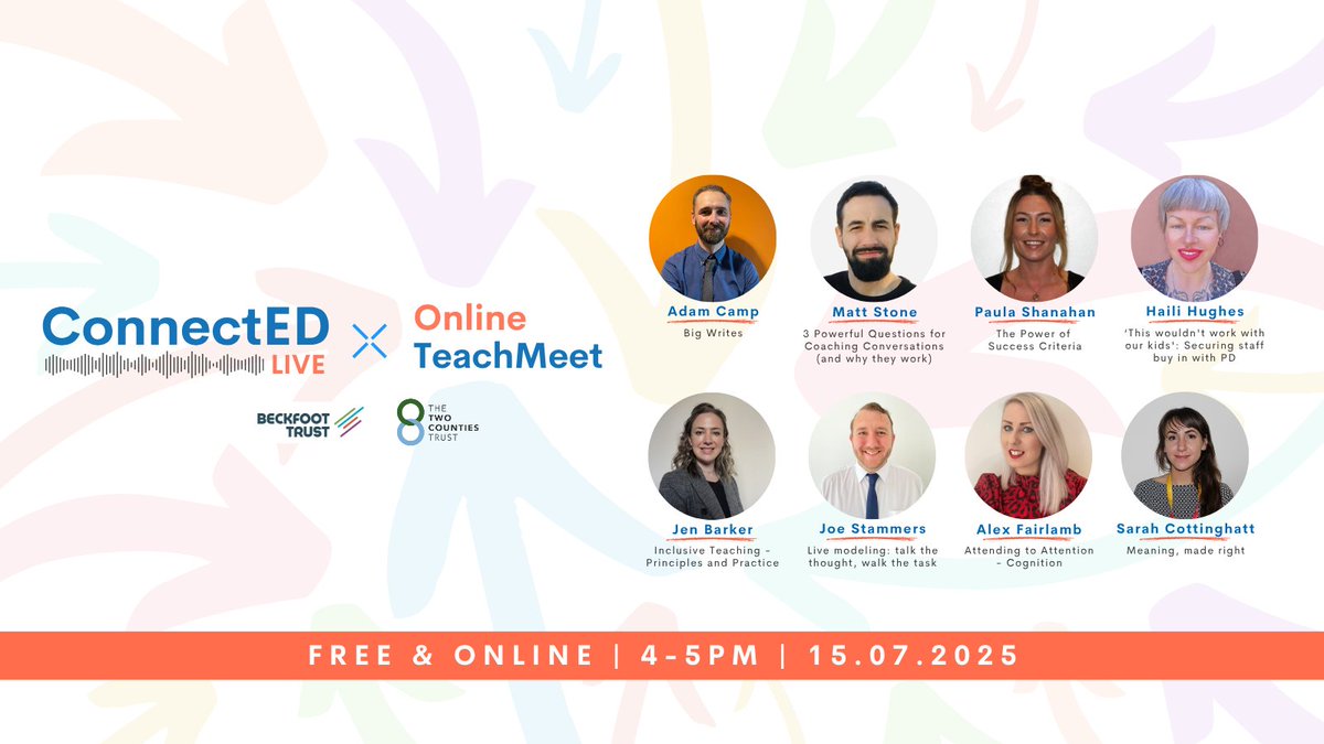 The Two Counties Trust (@ttctrust) on Twitter photo Check out the full lineup for our next #ConnecEDLive Online #TeachMeet!
In just 60mins, 8 educators will deliver 5min talks filled with best practice and advice.
Secure your spot and share this post to spread the word: events.teams.microsoft.com/event/e303a1b5…
<a href="/ttct_ceo/">Chief Executive Officer</a> #BestYet Check out the full lineup for our next #ConnecEDLive Online #TeachMeet!
In just 60mins, 8 educators will deliver 5min talks filled with best practice and advice.
Secure your spot and share this post to spread the word: events.teams.microsoft.com/event/e303a1b5…
<a href="/ttct_ceo/">Chief Executive Officer</a> #BestYet