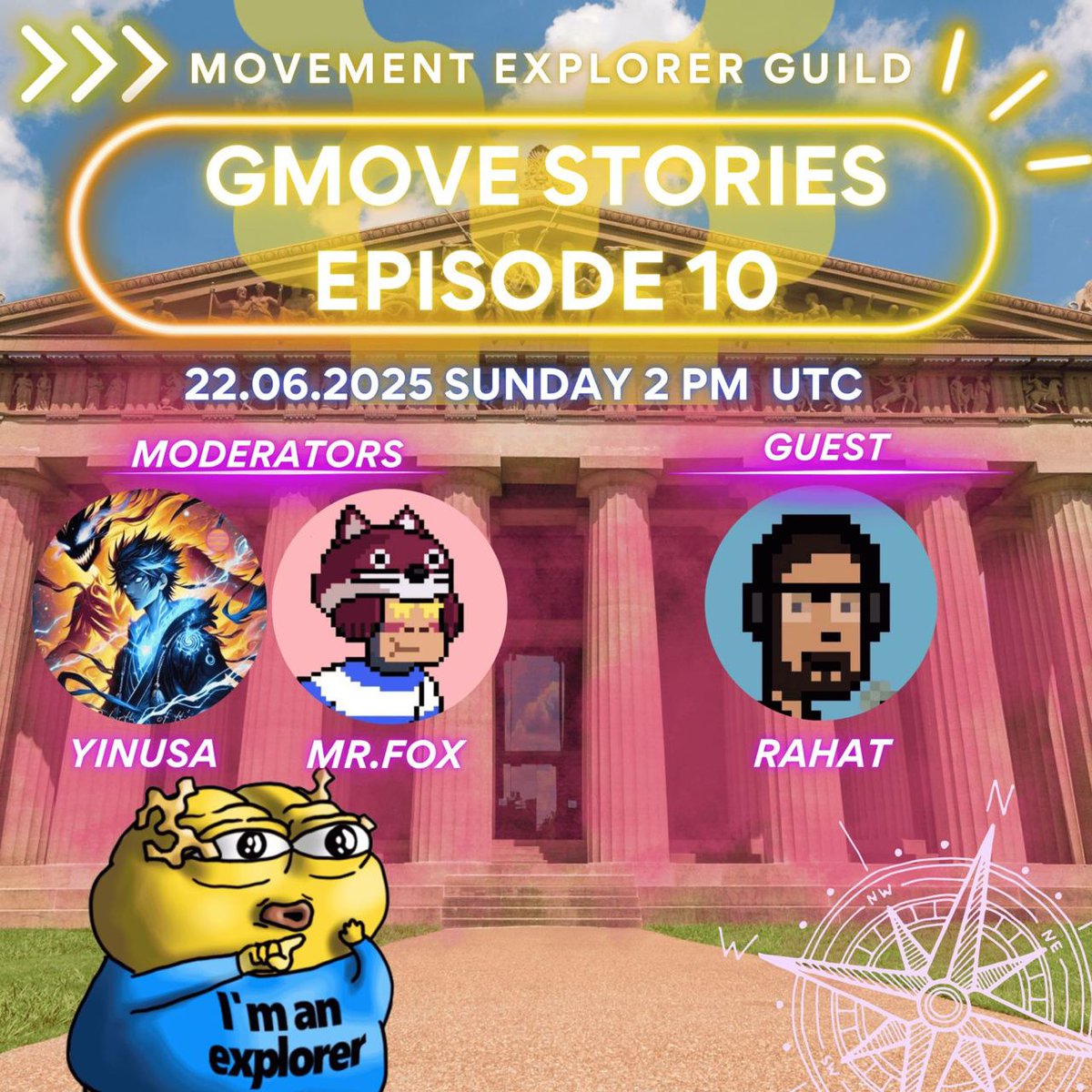 ⚡️Ayo movers!
This Sunday, as usual, we’re launching a new episode of Gmove Stories — and it’s a special one: our 10th anniversary episode!

To mark the occasion, we’ll be joined by none other than the dev team guru — <a href="/Rahatcodes/">rahat.eth</a>.

He’ll share his journey of joining Movement and