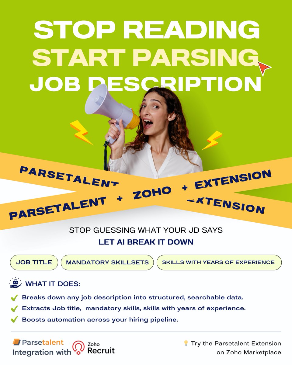 flipped_ai's tweet photo. Reading long job descriptions every day?
That’s time you could save.

With ParseTalent + Zoho Extension, AI pulls out:
1. Job titles
2. Key skills
3. Experience levels

No manual effort. Just clean data in 2 clicks.

📍 Now on Zoho Marketplace

#Parsetalent #ZohoRecruit https://t.co/2Wkk21AHcT