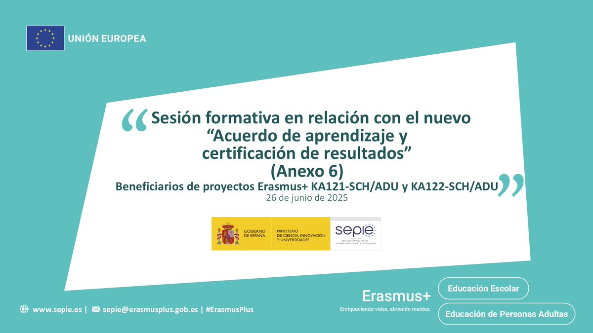 Sesión formativa Anexo 6.
¿Eres beneficiario #ErasmusPlus de proyectos KA121 o KA122 en Educación Escolar o Educación de Personas Adultas?

Programa: sepie.es/doc/comunicaci…

Formulario de inscripción: sepie.erasmusplus.gob.es/comunica/2025/…

Acceso al streaming: youtube.com/live/G6d0OS5K_…