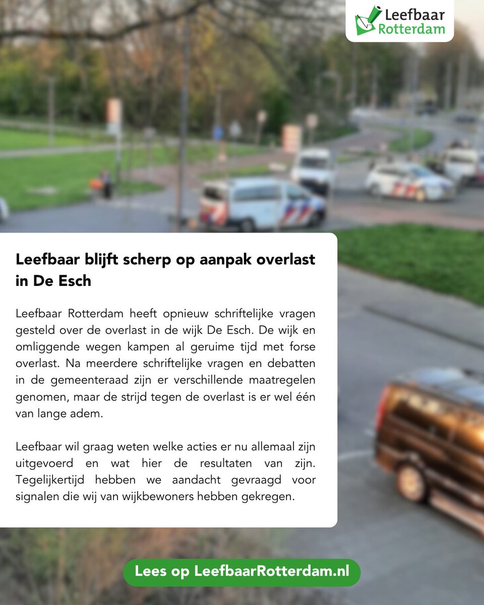 Leefbaar heeft opnieuw schriftelijke vragen gesteld over de overlast in De Esch. Wij zijn benieuwd naar de resultaten van de reeds genomen maatregelen én hebben aandacht gevraagd voor signalen van wijkbewoners.

Lees meer ➡️ leefbaarrotterdam.nl/nieuws/scherp-…