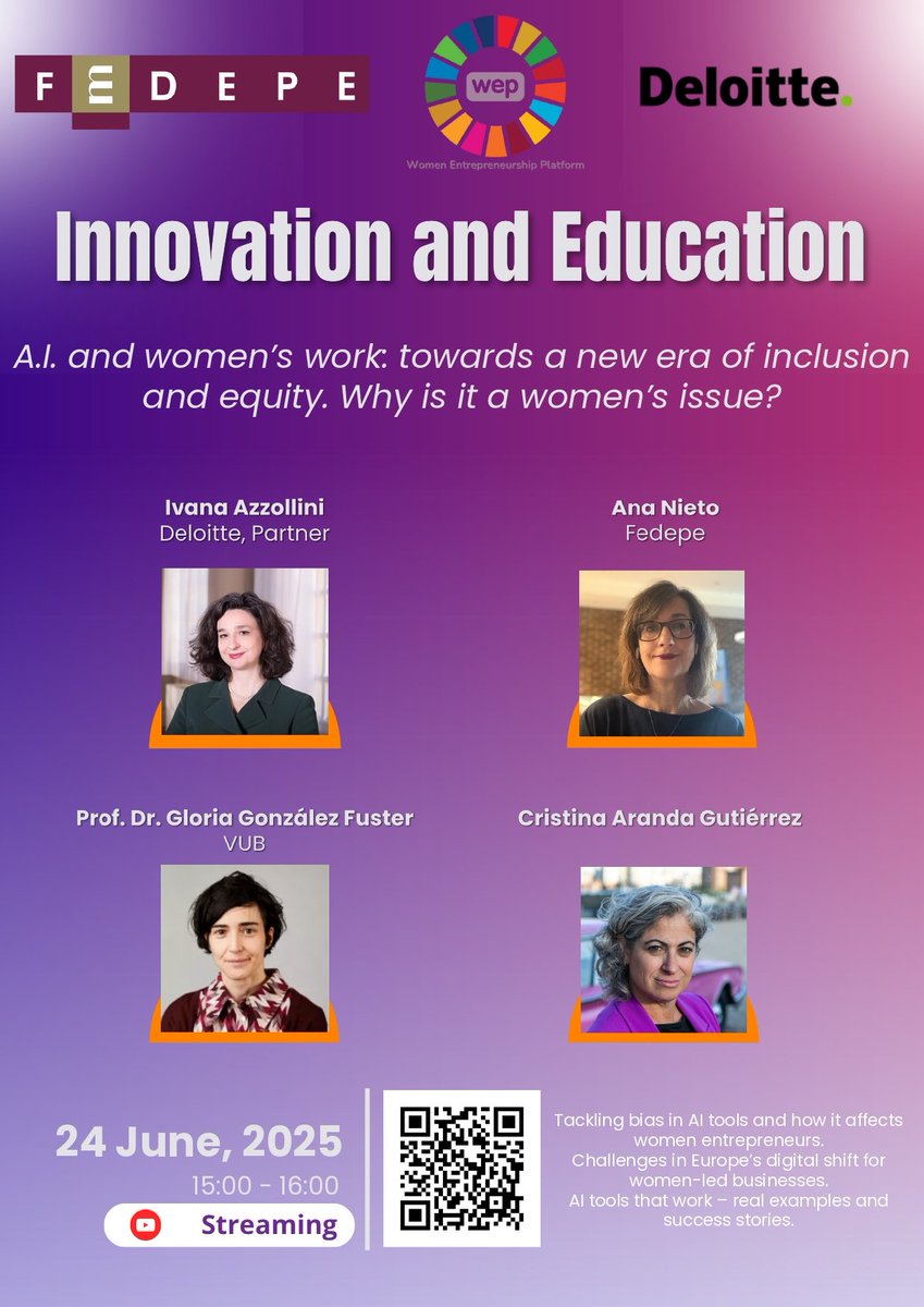 El 24 de junio debatimos sobre IA, innovación y equidad de género. Un evento internacional con WEP  Women Entrepreneurship Platform 
👩‍💼 Mujeres, tecnología y futuro del trabajo.
🧠 ¿Por qué la IA también es una cuestión de igualdad? 🔗 Regístrate 👉 forms.gle/xLy1akRM4KpMjK…