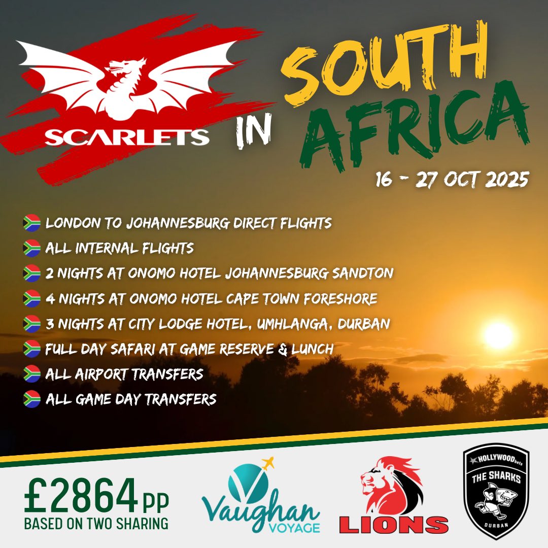 It’s back to Jo’burg and Durban for <a href="/scarlets_rugby/">Scarlets Rugby</a> in October, when spring meets summer in South Africa and you could be there!🇿🇦😎

Contact us now for more information.

📧 info@vaughanvoyage.com