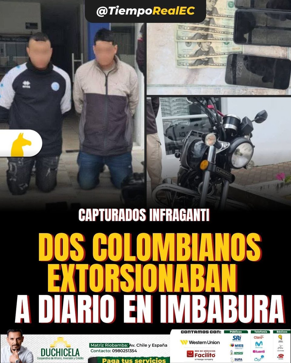 Tiempo Real (@tiemporealec) on Twitter photo 🌎 #SUCESOS ||
👺 Dos delincuentes colombianos en el cantón Antonio Ante, Imbabura, fueron detenidos por la <a href="/PoliciaEcuador/">Policía Ecuador</a> por su participación en un delito de extorsión.
👉 Los individuos, Oscar G. y Juan J. que se movilizaban en motocicleta, intimidaban a sus víctimas 🌎 #SUCESOS ||
👺 Dos delincuentes colombianos en el cantón Antonio Ante, Imbabura, fueron detenidos por la <a href="/PoliciaEcuador/">Policía Ecuador</a> por su participación en un delito de extorsión.
👉 Los individuos, Oscar G. y Juan J. que se movilizaban en motocicleta, intimidaban a sus víctimas