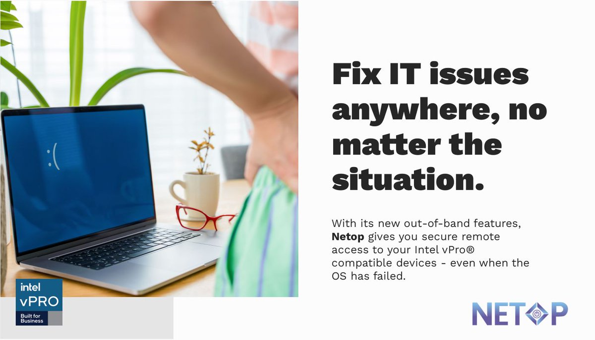 Deliver powerful remote management features for Intel vPro® compatible devices using Netop. Remote control the BIOS, execute power commands and even recover from BSOD issues – all from the comfort of your own seat. Get back up and running with Netop. buff.ly/B4r9IS8
