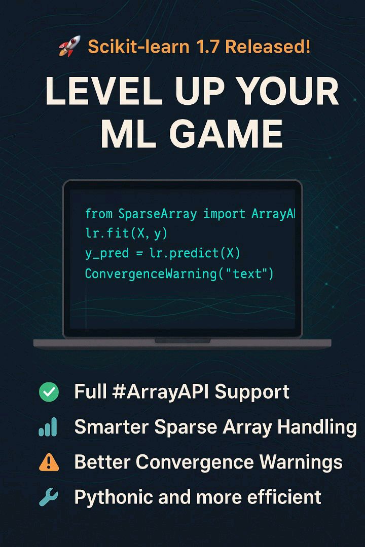 ai_syfer's tweet image. 🚀 #ScikitLearn 1.7 is here!
✅ Smarter #SparseArray support
⚠️ Improved #ConvergenceWarnings
🔢 Full #ArrayAPI integration
Upgrade now:
pip install --upgrade scikit-learn
#MachineLearning #Python #AI #DataScience #MLTools