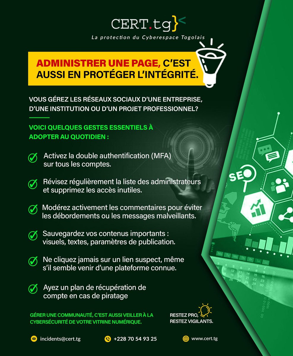 Vous gérez la page d'une entreprise, d’un projet ou d’une institution ?
🔻Ceci est pour vous 
Gérer une page, ce n’est pas juste publier de beaux visuels ou programmer des posts.

C’est aussi protéger les accès et la réputation de votre structure.
7 réflexes cyber essentiels 👇