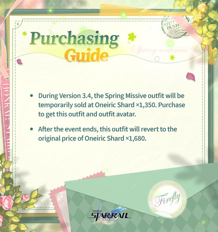 StarRailVerse1's tweet image. (3.4) Firefly Skin - Letter + Price

x1350 Oneiric Shard during Version 3.4 and x1680 Oneiric Shard after the event ends 

#HonkaiStarRail #崩壊スターレイル