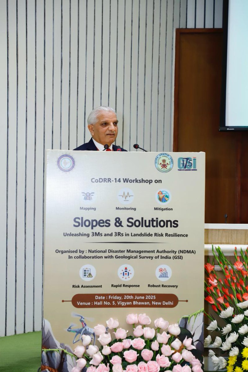 ndmaindia's tweet image. NDMA &amp;amp; @GeologyIndia present CoDRR-14 Workshop: &quot;Slopes &amp;amp; Solutions: Unleashing 3Ms for 3Rs in Landslide Risk Resilience&quot; June 20, 2025, Vigyan Bhawan, New Delhi! #LandslideRisk #DisasterResilience #NDMA