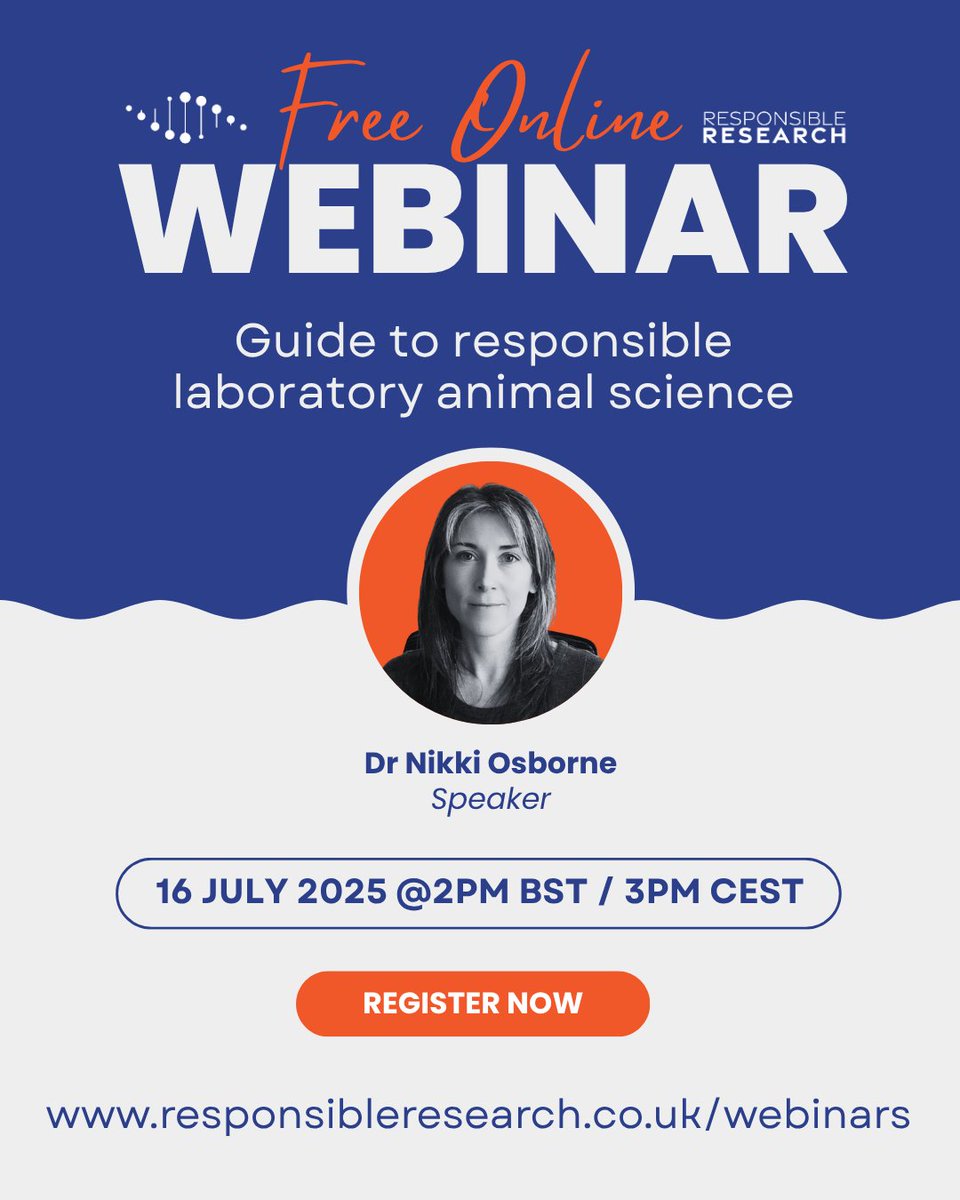 Free webinar!
🗓️ Jul 16, 2025 | 🕑 2–3 PM BST
Guide to Responsible Lab Animal Science
Dr Nikki Osborne will explore a 6-step checklist for best practice in animal research.

🔗 Register: responsibleresearch.co.uk/event-details/…
#AnimalResearch #3Rs #Webinar