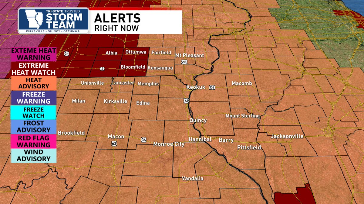 90s arrive for highs today after the storms exit. Heat index values of 95-105 are likely in the coming days. Extreme Heat Watch and Heat Advisory go into effect across the region later today and last through the start of next week. Stay cool!- Matt
ktvo.com/weather