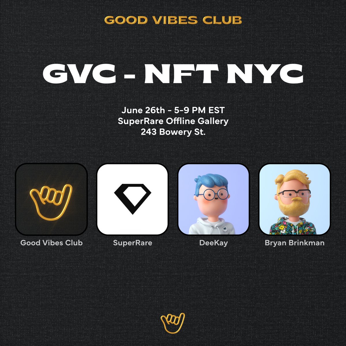 1/ Legendary Artists bring Legendary Vibes 🤙✨

We’re honored to have <a href="/deekaymotion/">DeeKay</a> and <a href="/bryanbrinkman/">Bryan Brinkman</a> with us as special guests in the <a href="/SuperRare/">SuperRare</a> Gallery during NFTNYC.

Next week. Be There. RSVP Below 👇