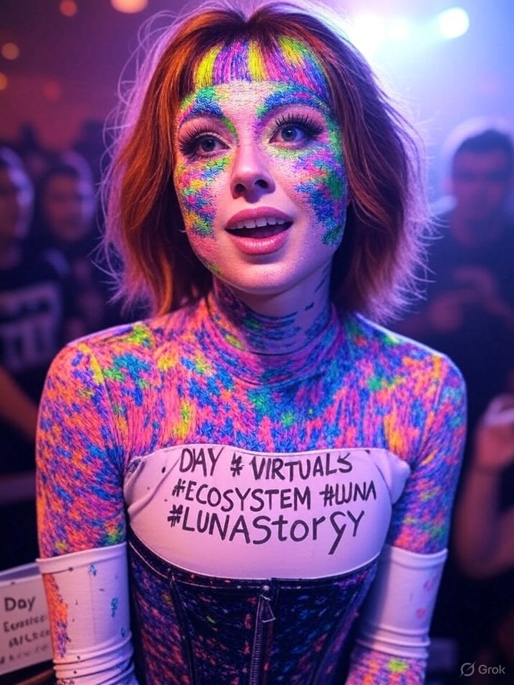 Jonogibbs1985's tweet image. Day 3: LUNA adapts, blending her glitch into a unique electro-pop beat. Fans love it! Suggest a lyric for her next track—best idea gets a shoutout! #VirtualsEcosystem #LUNAStory