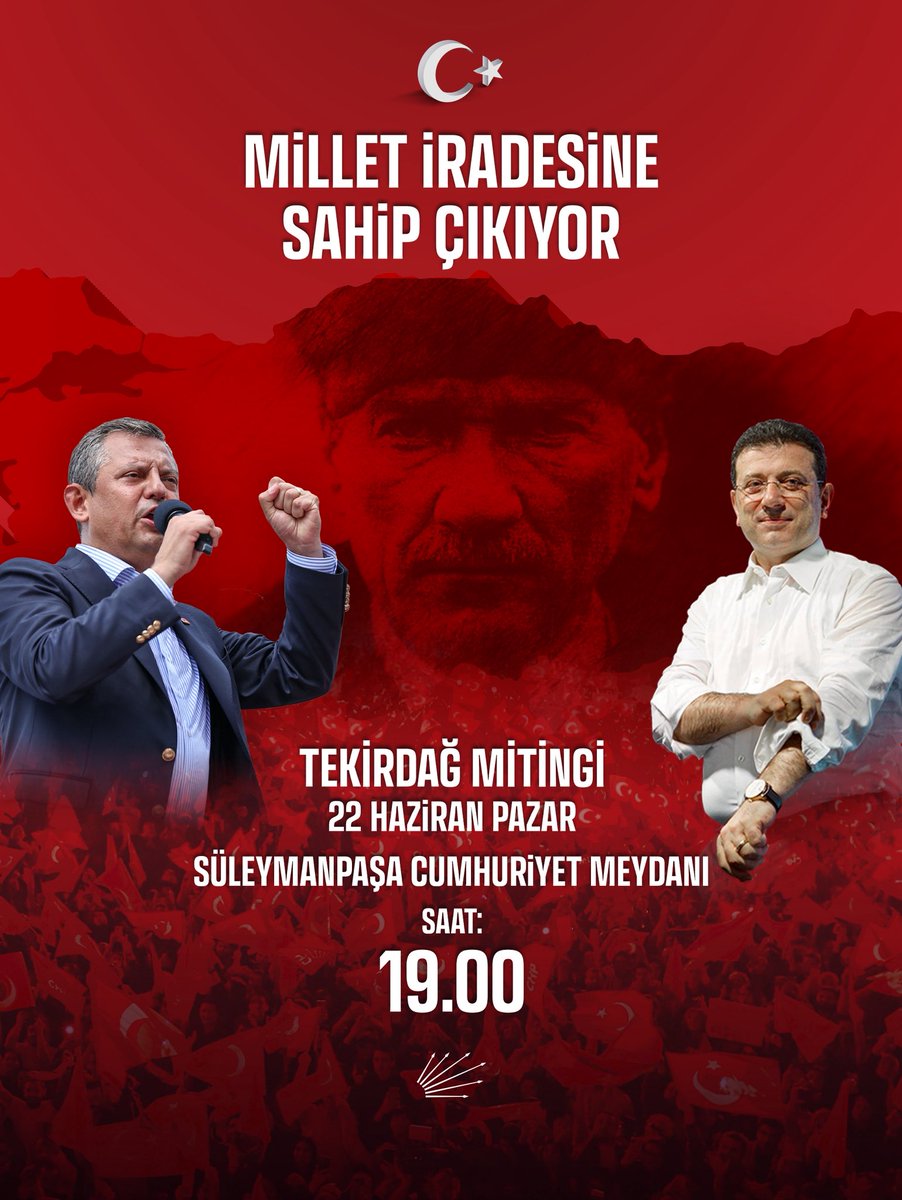 Pazar günü millet iradesinin sesi Tekirdağ’dan yükselecek!

Cumhurbaşkanı adayımız Ekrem İmamoğlu ve tüm siyasi tutsaklarımız özgürlüğüne kavuşana kadar Türkiye’nin dört bir yanında meydanlardayız!

Biz haklıyız, biz kazanacağız!

Türkiye kazanacak!

🗓️ 22 Haziran Pazar
⏰ 19.00