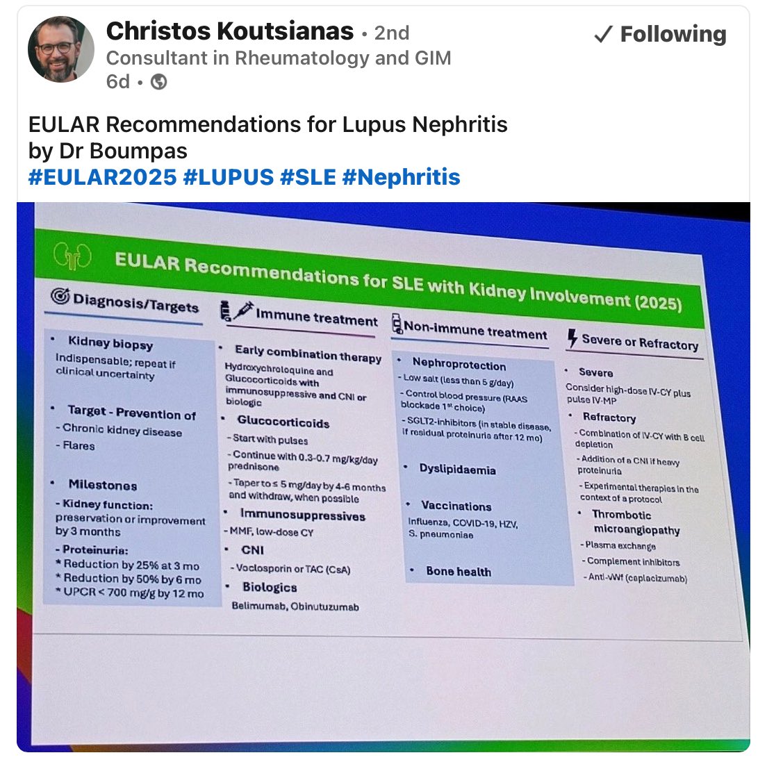 Beautiful slide illustrating EULAR recommendations for management of lupus nephritis, from diagnosis, induction ( immune treatment), None immune ( adjuvant) and what to do in sever cases. It also included MAHA and atypical HUS associated.

Great work.