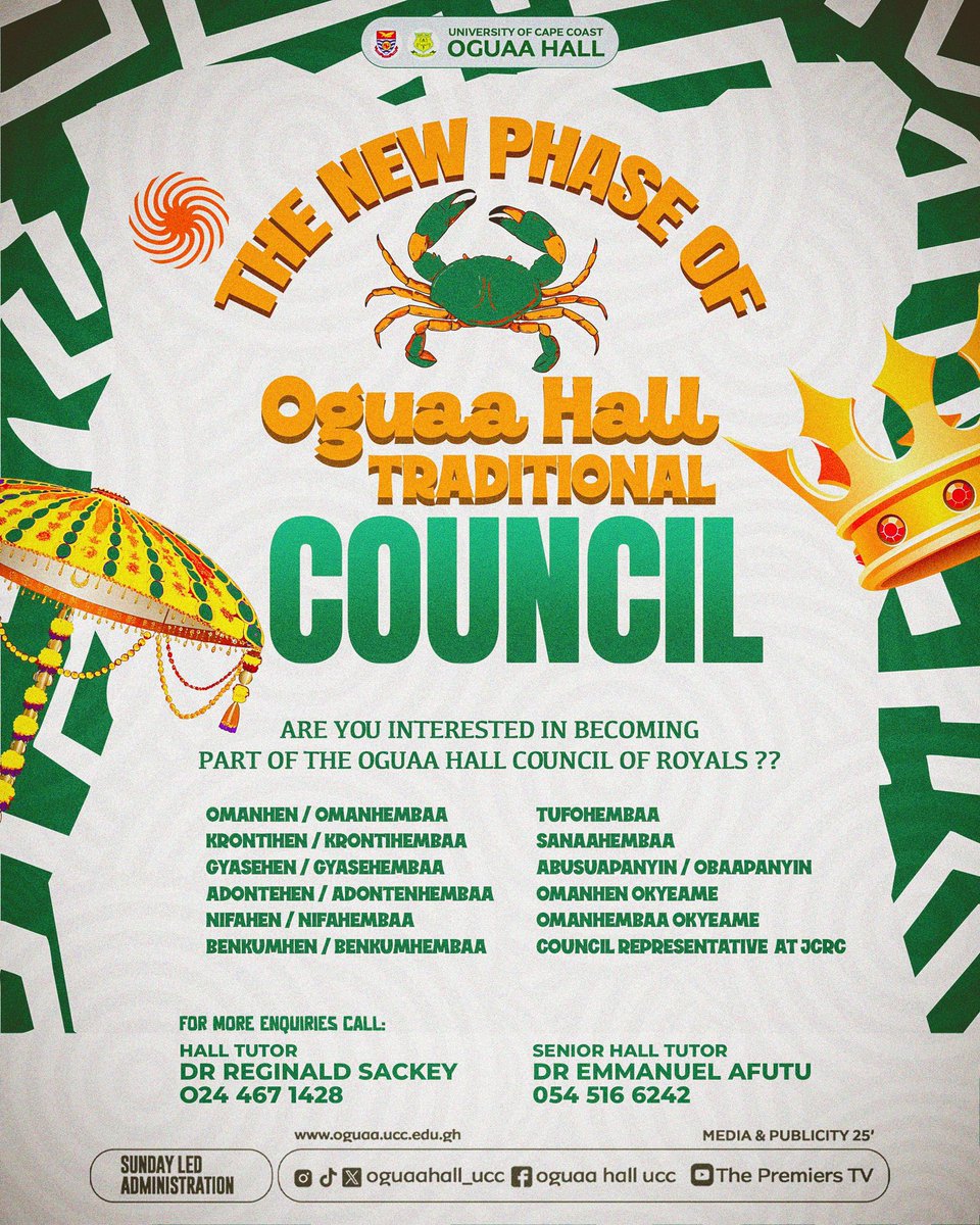 CALL FOR ASPIRING ROYALS!

Oguaa Hall JCRC - Council of Royals

Oguaa Hall invites dynamic students to join its esteemed Council of Royals for the upcoming academic year. Step into revered traditional roles, represent your peers, and contribute to our vibrant hall community.