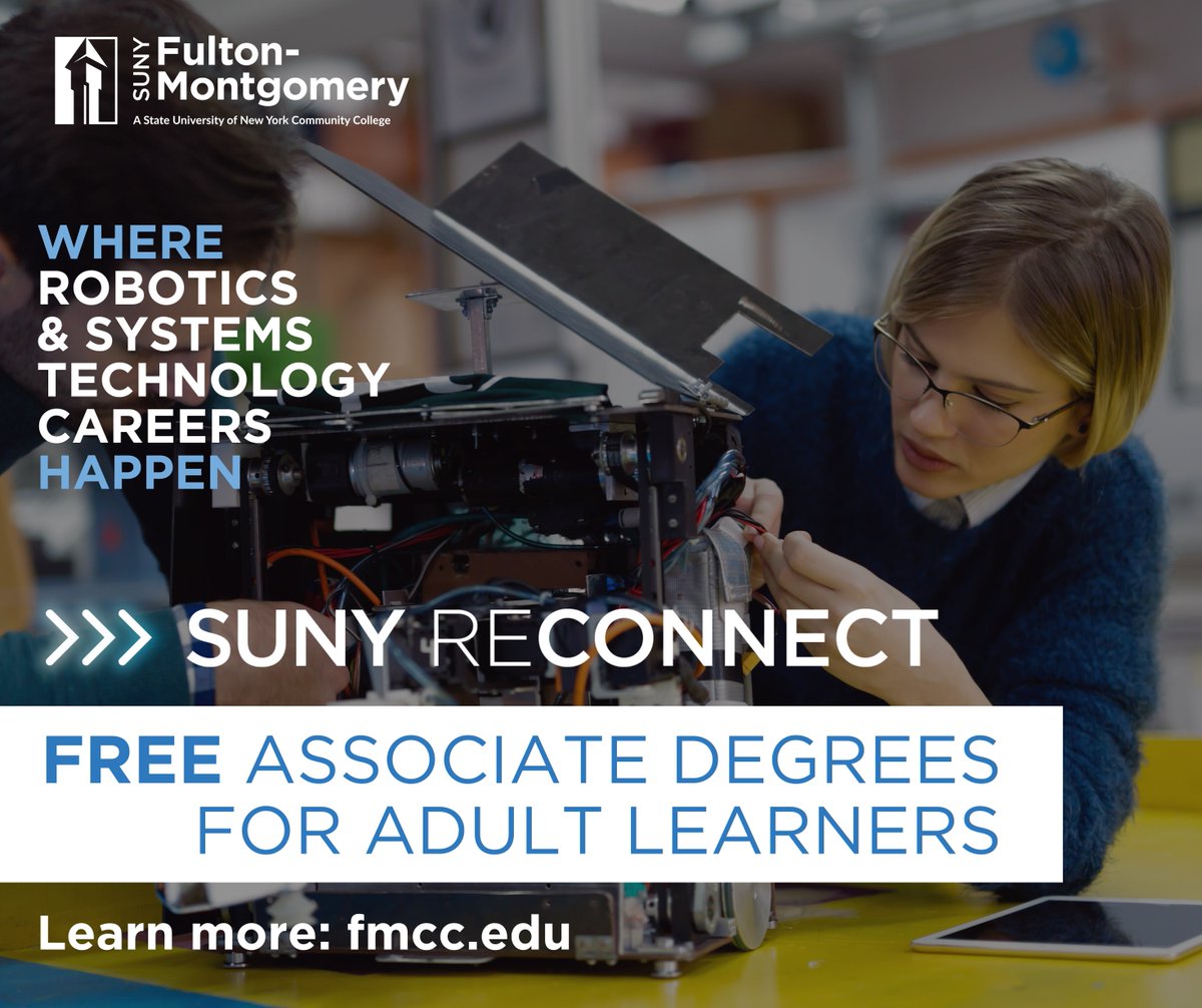 Restart your career! With SUNY Reconnect, adult learners can earn a FREE associate degree in a high-demand field, like robotics and systems technology! 

Register for our info session on July 1st ➡️ apply.fmcc.edu/register/recon…

#SUNYFMCC