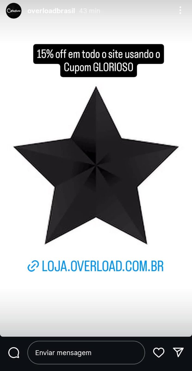 O cupom GLORIOSO dá 15% de desconto em qualquer compra na loja da <a href="/OverloadBrasil/">Overload</a> . Deve ser por causa da Marcha pra Jesus.

loja.overload.com.br