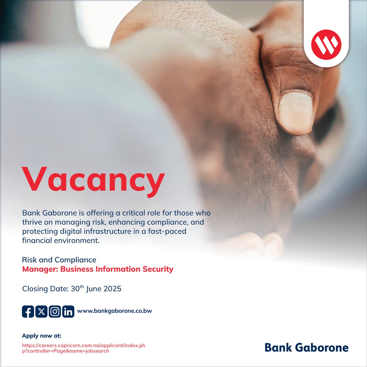 We are hiring.

Join the red bank as a Risk and Compliance Manager: Business Information Security. If you’re passionate about risk, compliance, and digital security, apply here: tinyurl.com/2968hufh

Closing date: 30 June 2025
#BankGaborone
#TheRedBank
#NextLevelBanking