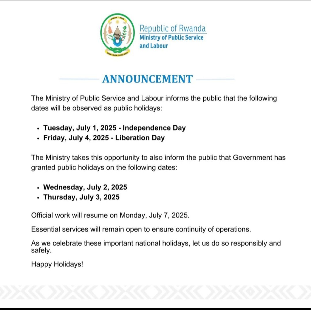 Here is more evidence that Rwanda is 'better than Uganda.'
When they have some days between public holidays, they just round them off into one big 'public holiday week.' In Uganda people just go absent without official, leave on those few days.