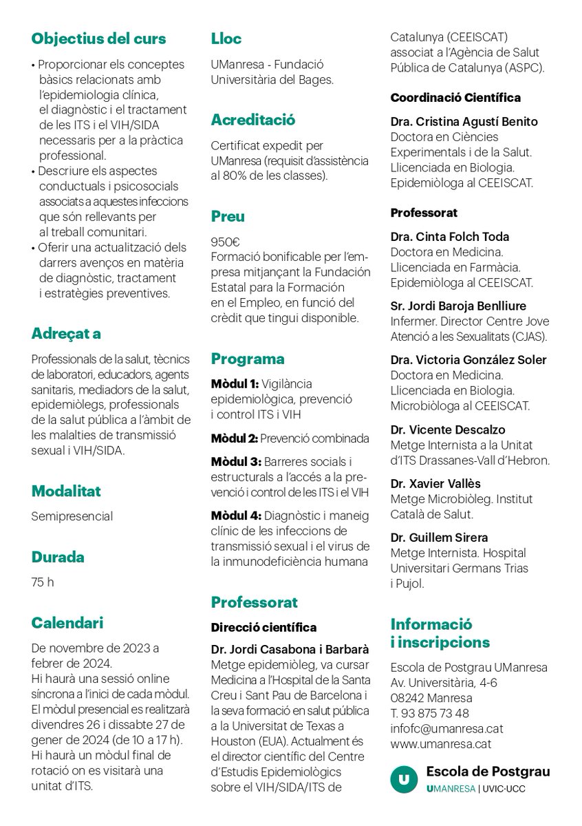 🎓 Nova edició del curs "Prevenció i control del VIH i les ITS: Abordatge comunitari"
📍 Semi-presencial | ⏳ 75h | 🗓 Oct 2025 – Feb 2026
👥 Adreçat a professionals de la salut, educació i comunitaris
📝 Inscripcions: lnkd.in/gbRYm7C7
<a href="/UManresa/">UManresa</a>