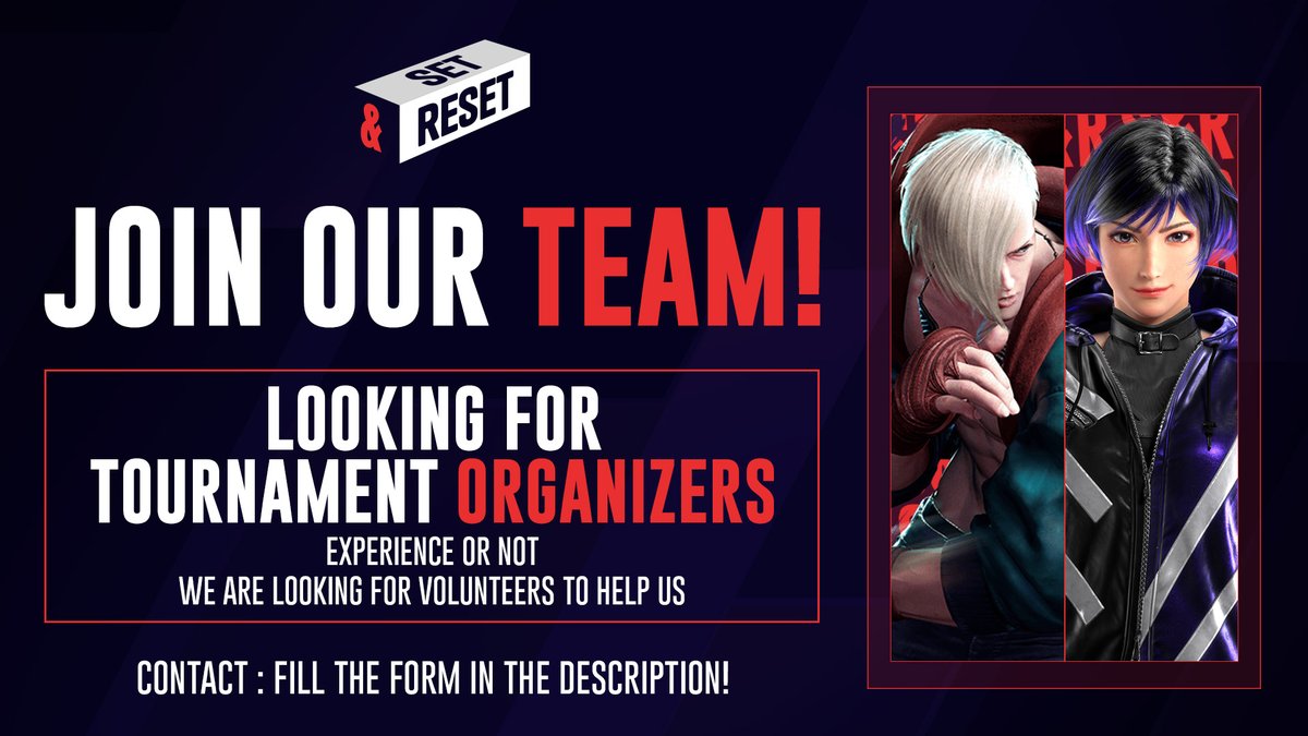 Everyone! 🫡

We still need you guys !  

We're looking for volunteers to help our tournament organizers for #SetAndReset !  

If you're willing to help, please fill the form below. 😇
forms.gle/wAXs2EcGxgmM4n…