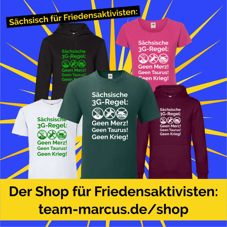 🕊 Sächsische für Friedensaktivisten 🕊
Aufgrund der großen Nachfrage nun endlich auch als T-Shirt und Hoodie für Männer und Frauen in unserem Shop erhältlich:
🤍💚 Die Sächsische 3G-Regel 💚🤍
👉 team-marcus.de/produkt-schlag…