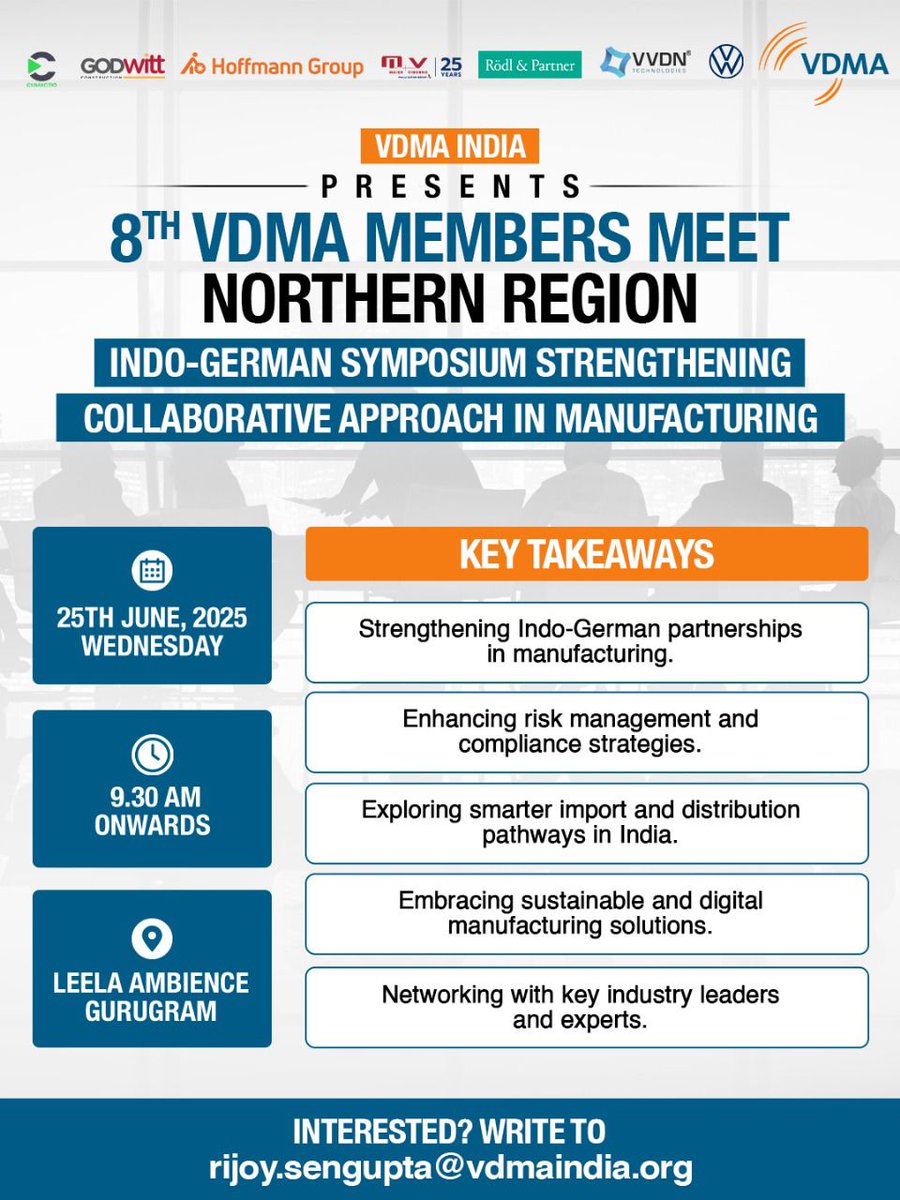 🚀 When German precision meets Indian ambition, transformation begins.
Join the 8th VDMA Members Meet – Northern Region
📍 Leela Ambience, Gurugram
🗓️ 25 June 2025 | 

🤝 Let’s shape the future of manufacturing together.

#VDMAIndia #IndoGerman #SmartManufacturing #India2030