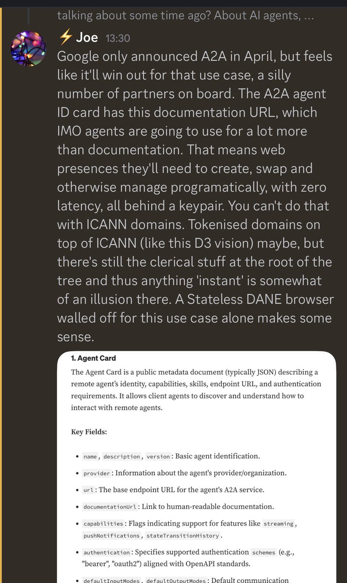 Interesting discussion is happening in HNS Discord, <a href="/collectionist/">Jehan Chu</a> 

$HNS + AI + Googles A2A protocol for instant, programmable transfer of the whole web presence. Impossible with regular ICANN domains, makes sense with HNS and Stateless DANE. 

Here’s the link: