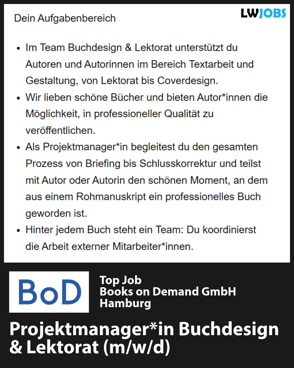 Projektmanager*in Buchdesign &amp; Lektorat (m/w/d) bei Books on Demand in Hamburg gesucht

▶ leanderwattig.com/job/hamburg-bo…

»BoD ist Pionier und führender Anbieter für alle Autor*innen, die sich ihren Buchtraum erfüllen wollen.«

#job #verlag #hamburg