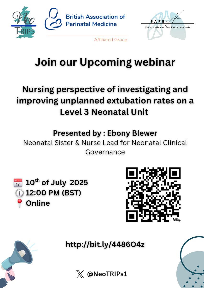 SAFE-Neo July Webinar: Nursing perspective of investigating and improving unplanned extubation rates on a Level 3 Neonatal Unit
Speaker: Ebony Blewer
Neonatal Sister, Nurse Lead for Neonatal Clinical Governance, Evelina NNU
10th July 12 PM
bit.ly/4486O4z
<a href="/BAPM_Official/">BAPM</a>