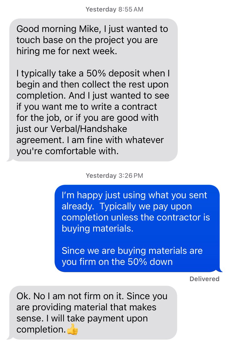 There’s no need to pay a contractor up front if they are not buying any material. 

We always buy our materials for our projects. (This helps control costs) 

Don’t just pay a contractor 50% up front because it’s what they “typically” do. 

Contractors are historically bad money