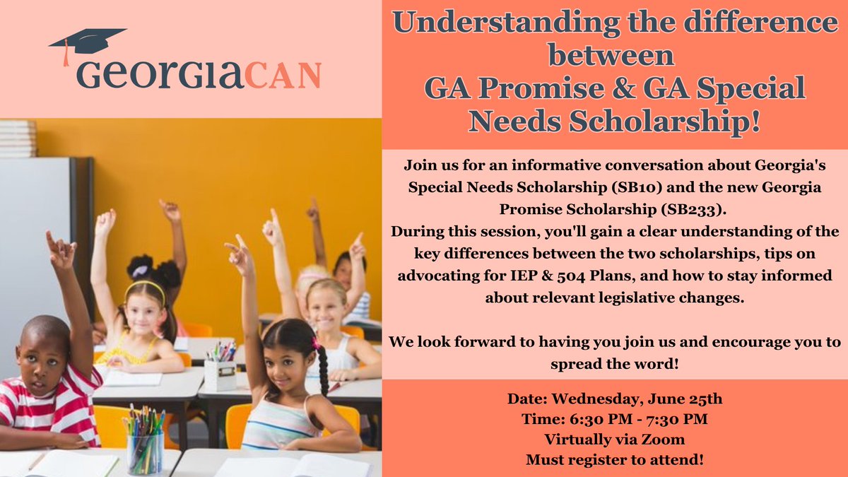 _GA_CAN's tweet image. Join us next week as we deep dive into the Georgia Special Needs Scholarship and the Georgia Promise Scholarship. RSVP here: speak4.app/lp/ne01qs54