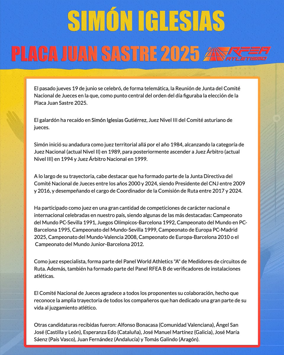 Federación de Atletismo del Principado de Asturias (@atletismofapa) on Twitter photo 🟡🔵SIMÓN IGLESIAS, PLACA JUAN SASTRE 2025🔵🟡
🎖️ El atletismo asturiano vuelve a estar de enhorabuena, uno de nuestros jueces más queridos, Simón Iglesias, ha sido distinguido por <a href="/atletismoRFEA/">atletismoRFEA</a> con la placa Juan Sastre debido a su extensa carrera como juez de atletismo. 🟡🔵SIMÓN IGLESIAS, PLACA JUAN SASTRE 2025🔵🟡
🎖️ El atletismo asturiano vuelve a estar de enhorabuena, uno de nuestros jueces más queridos, Simón Iglesias, ha sido distinguido por <a href="/atletismoRFEA/">atletismoRFEA</a> con la placa Juan Sastre debido a su extensa carrera como juez de atletismo.
