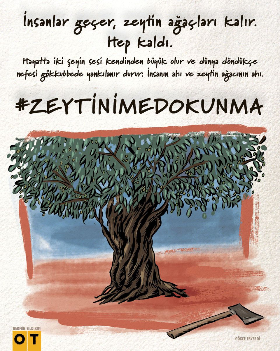 İnsanlar geçer, zeytin ağaçları kalır. Hep kaldı.

Hayatta iki şeyin sesi kendinden büyük olur ve dünya döndükçe nefesi gökkubbede yankılanır durur: İnsanın ahı ve zeytin ağacının ahı.

#ZEYTİNİMEDOKUNMA

#OTdergi Arşiv 📚 #NerminYıldırım 
✍️ #GökçeErverdi