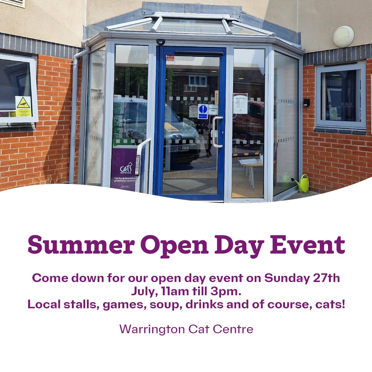 Our Summer Open Day Event taking place at the centre on Sunday 27th July. 📅
We would love to meet you all and make a wonderful day with the (hopeful) sunshine🌞

Want some more details? Get in touch or follow the link below! 👇
facebook.com/events/1062716…

#CatsOnX #SummerEvent