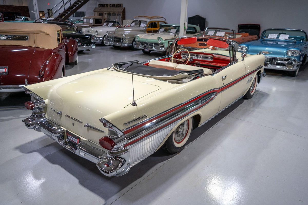 1957 Pontiac Bonneville Convertible. Only 630 of these were built and this example is loaded with every option you'd want in a '50s convertible. See it from every angle and even get a video tour on our website. ellingsonmotorcars.com/inventory/1051… #pontiac #bonneville