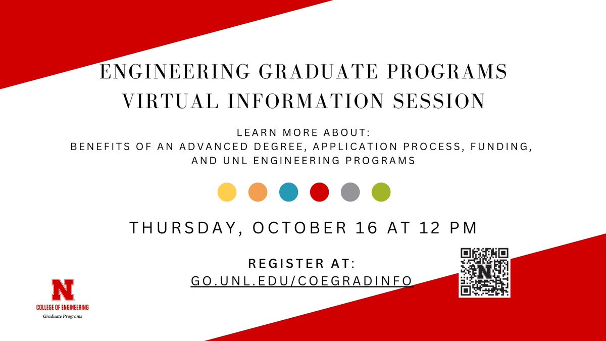 unl_engrgrad's tweet image. Interested in learning more about engineering graduate school? Learn more about @NebEngineering graduate programs at our next online information session, Thursday, October 16 at 12 pm. Register at go.unl.edu/coegradinfo