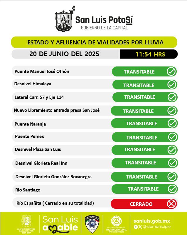 SSPCSLP's tweet photo. ⚫️🟡 #ReporteVial #Lluvias 🌧️ 

ATENCIÓN.

🚧Al momento, solamente permanece el cierre vial en Río Españita 

🌧️Se registran lluvias ligeras en los diferentes cuadrantes de la ciudad 

🚔🚨#SSPC refuerza los patrullajes preventivos en principales calles y avenidas para verificar el tránsito seguro de los automovilistas 

⚠️Maneja con precaución❗️